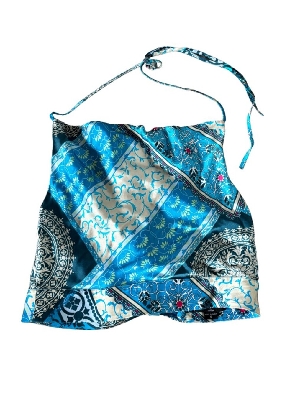 Guess by Marciano Blue Patchwork Print Silky Halter Bandana Print Tie Crop Top